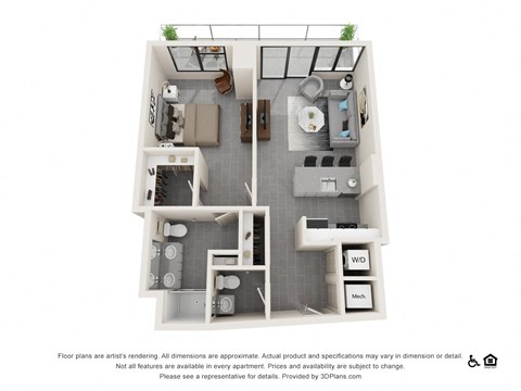 Floor plan for 1 bed, 1.5 baths, 768 sqft